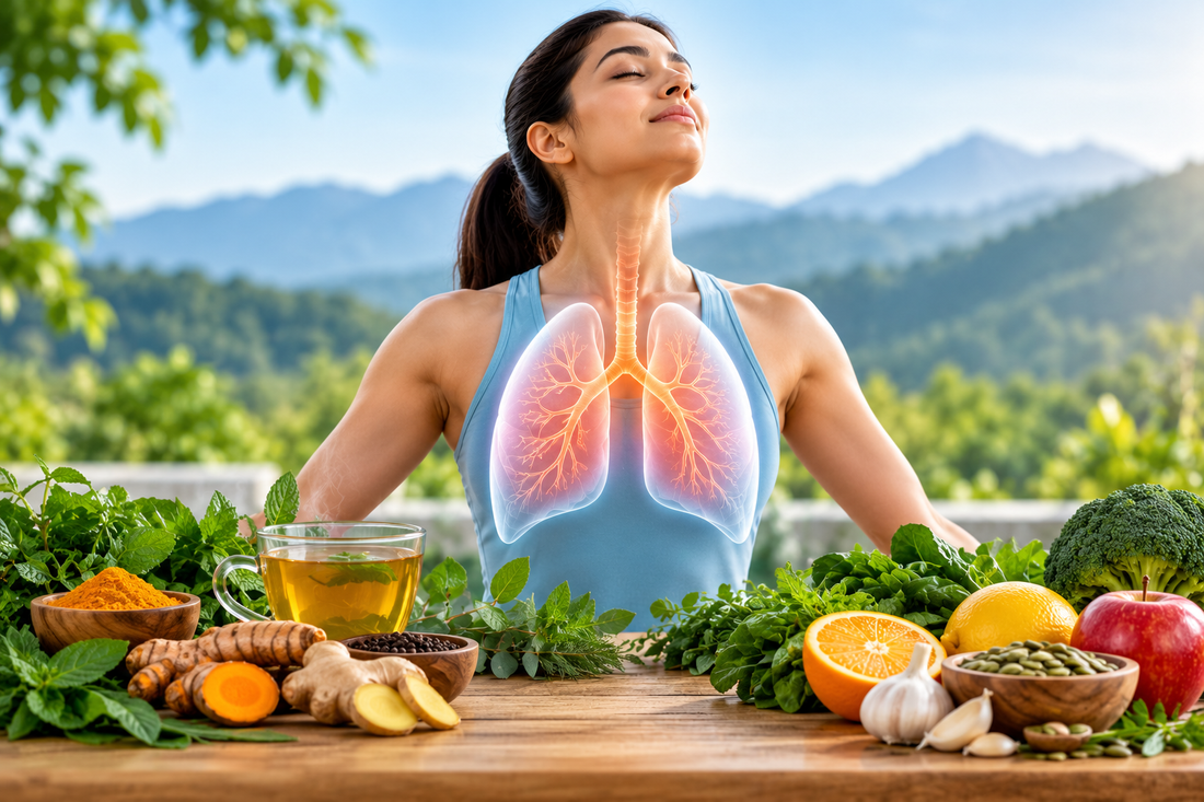 Woman with healthy lungs, respiratory wellness, herbal ingredients, ginger, turmeric, fresh fruits and vegetables for natural respiratory health support.