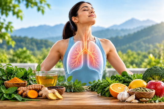 Woman with healthy lungs, respiratory wellness, herbal ingredients, ginger, turmeric, fresh fruits and vegetables for natural respiratory health support.