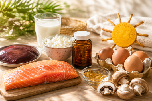 Vitamin D3 deficiency symptoms and vitamin D-rich foods including salmon, eggs, milk, mushrooms, and supplements