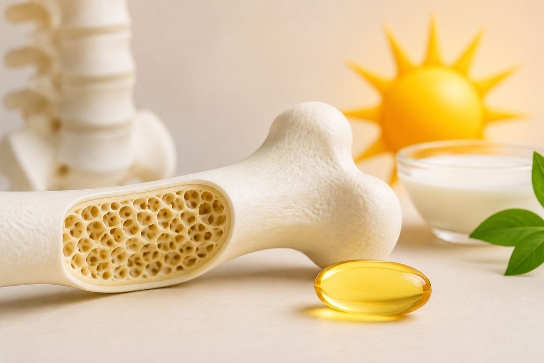Vitamin D and bone health concept with knee joint, spine, vitamin D capsules, milk, egg, and salmon.