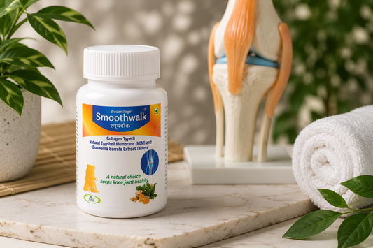 **Alt Text:** Smoothwalk cartilage support supplement bottle with a knee joint model and natural wellness background.