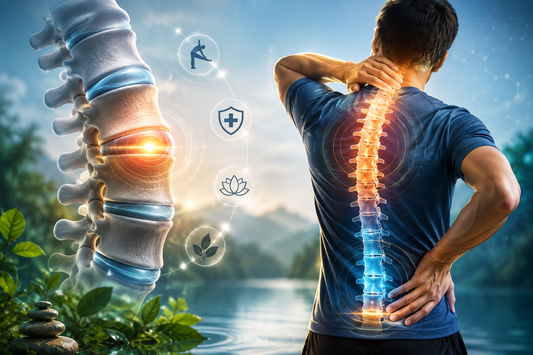**Alt Text:** Spinal disc support concept showing a person with a highlighted spine and detailed vertebral anatomy, symbolizing back health, spinal comfort, flexibility, and mobility.