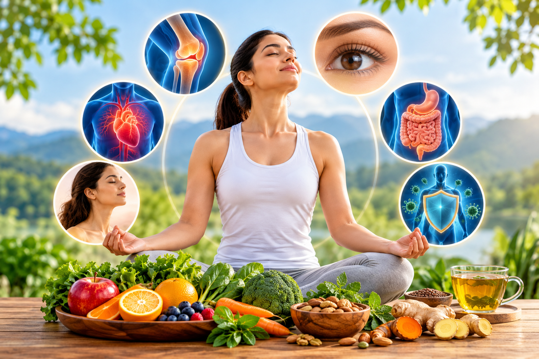 General wellness supplements for overall health, featuring bone, joint, eye, heart, digestive and immune health with nutritious foods, fruits, vegetables and natural ingredients.