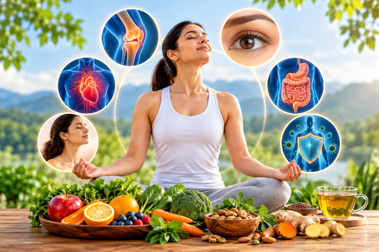 General wellness supplements for overall health, featuring bone, joint, eye, heart, digestive and immune health with nutritious foods, fruits, vegetables and natural ingredients.