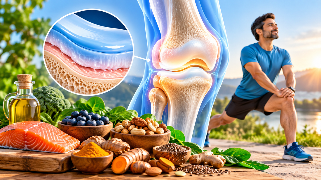Cartilage support supplements with knee cartilage illustration, healthy foods and active lifestyle for joint wellness