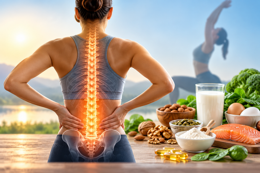 Spine health and nutritional support with essential nutrients, calcium, vitamin D, collagen and healthy foods for overall bone and spine wellness.