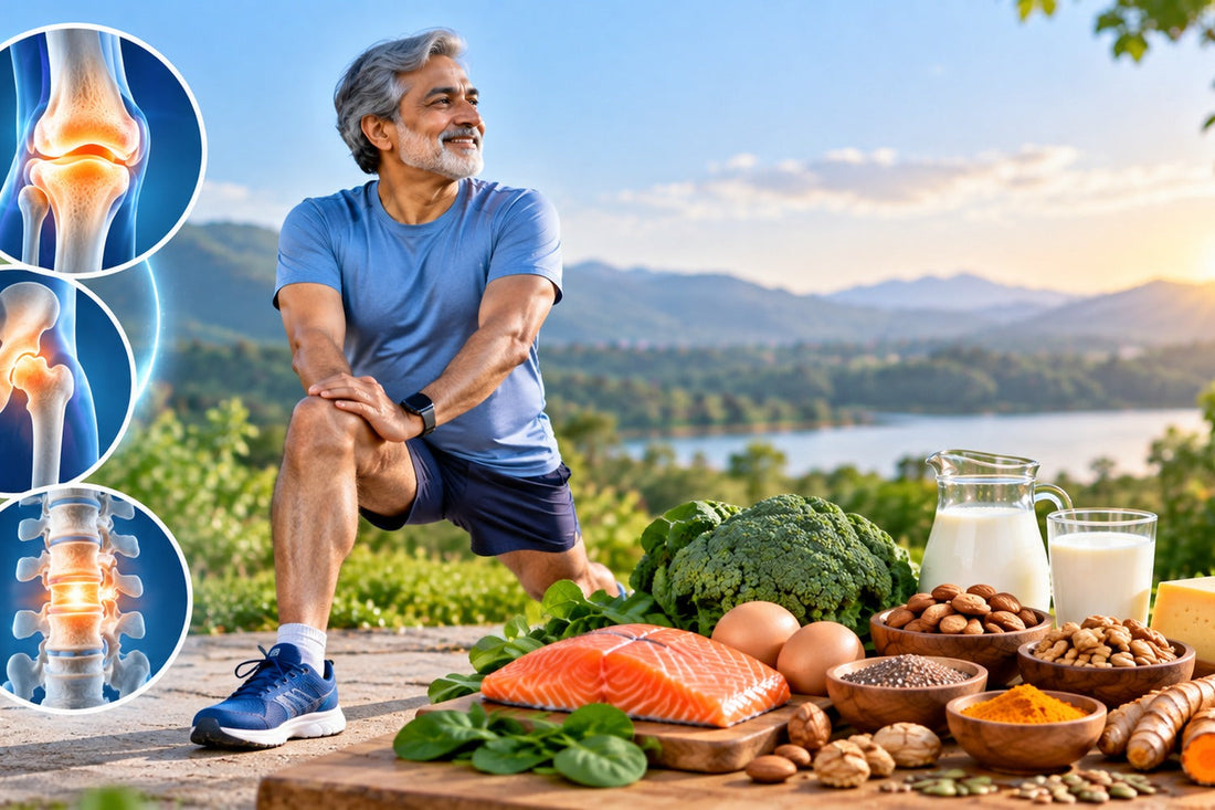 Bone and joint health supplements with healthy foods, active lifestyle and bone, knee and spine wellness illustration