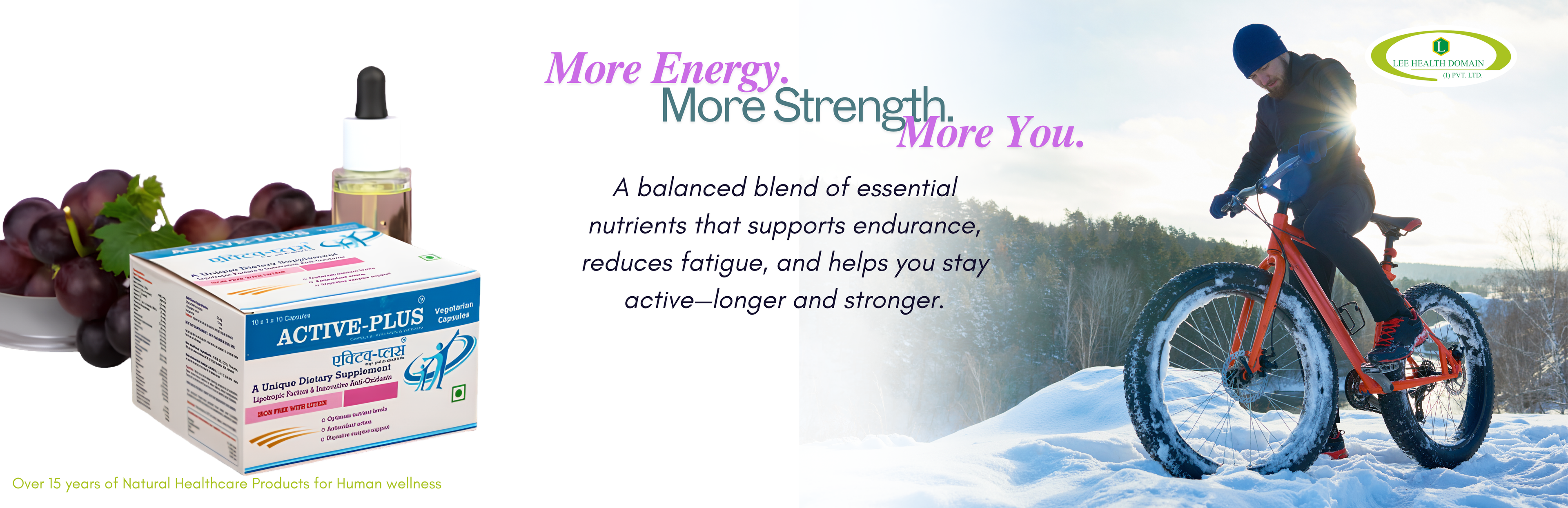 Advertisement for Active Plus supplement with a person on a bike in a snowy landscape.