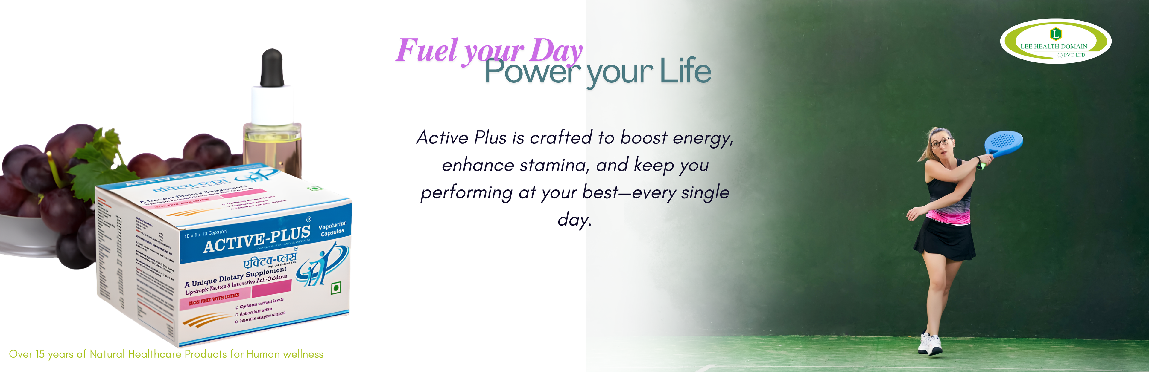Advertisement for Active Plus supplement with a woman playing tennis and text about energy and stamina.