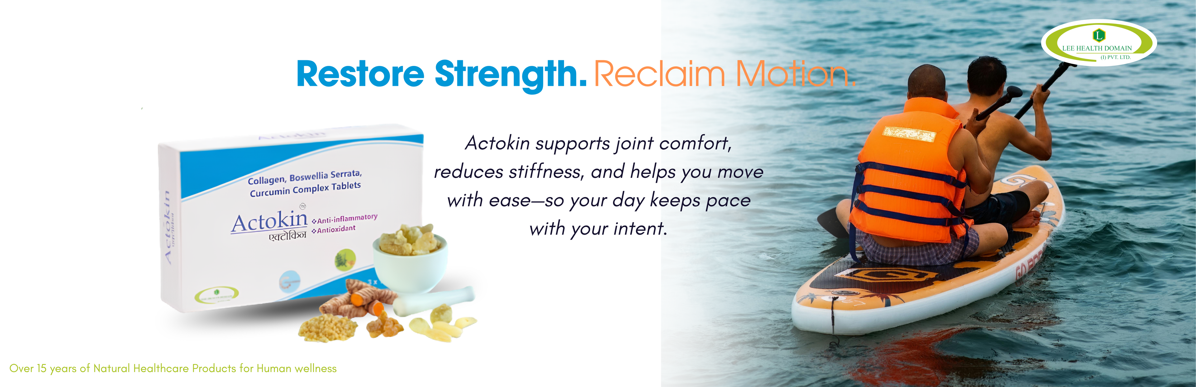 Advertisement for Actokin supplements with two people on a paddleboard in the background.