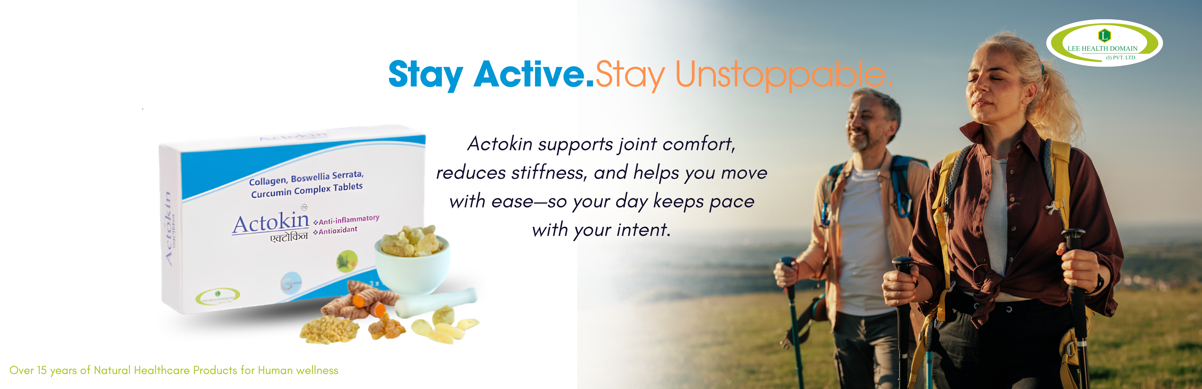 Advertisement for Actokin supplements with people hiking in the background