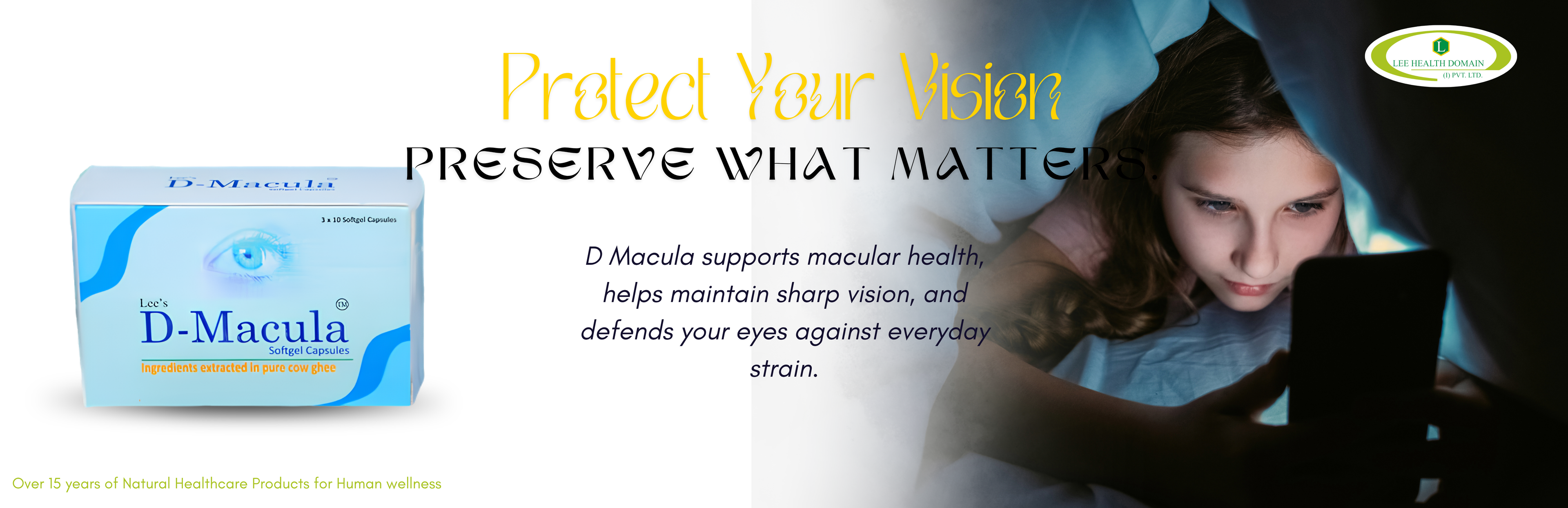 Advertisement for D-Macula eye health product with text about protecting vision.