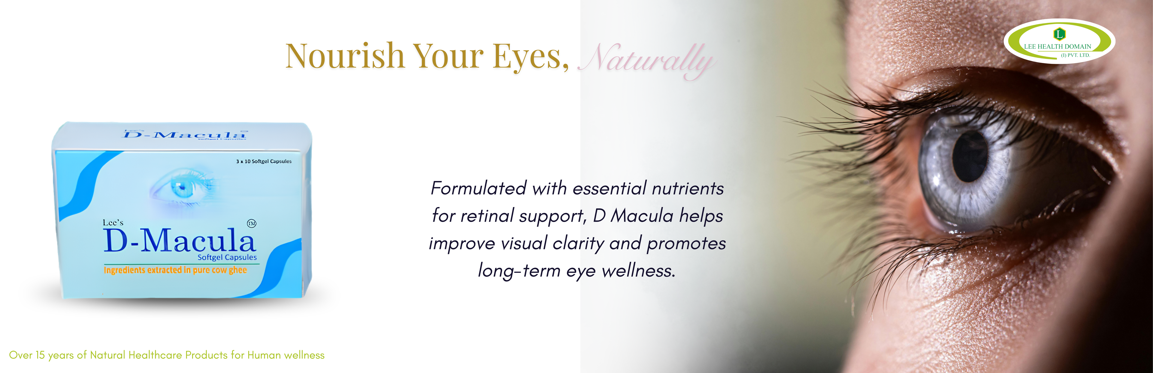 Advertisement for D-Macula eye supplement with close-up of an eye.