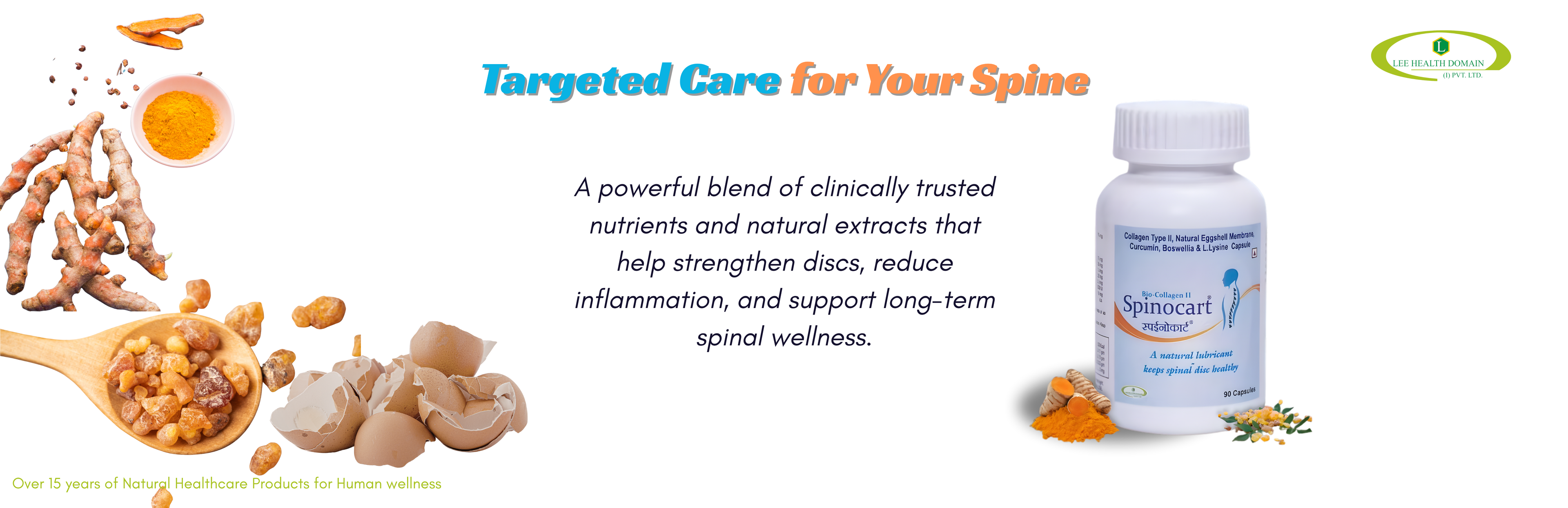 Spine health supplement bottle with ingredients and text on a white background