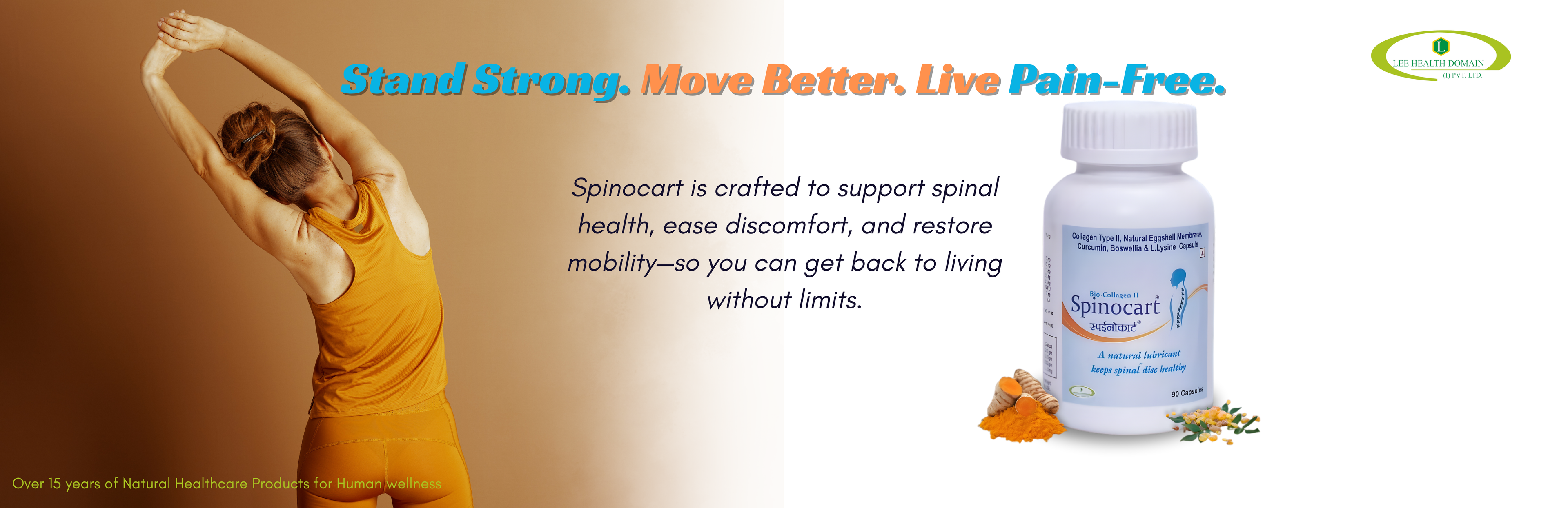 Person stretching with Spinicart supplement bottle on a beige background